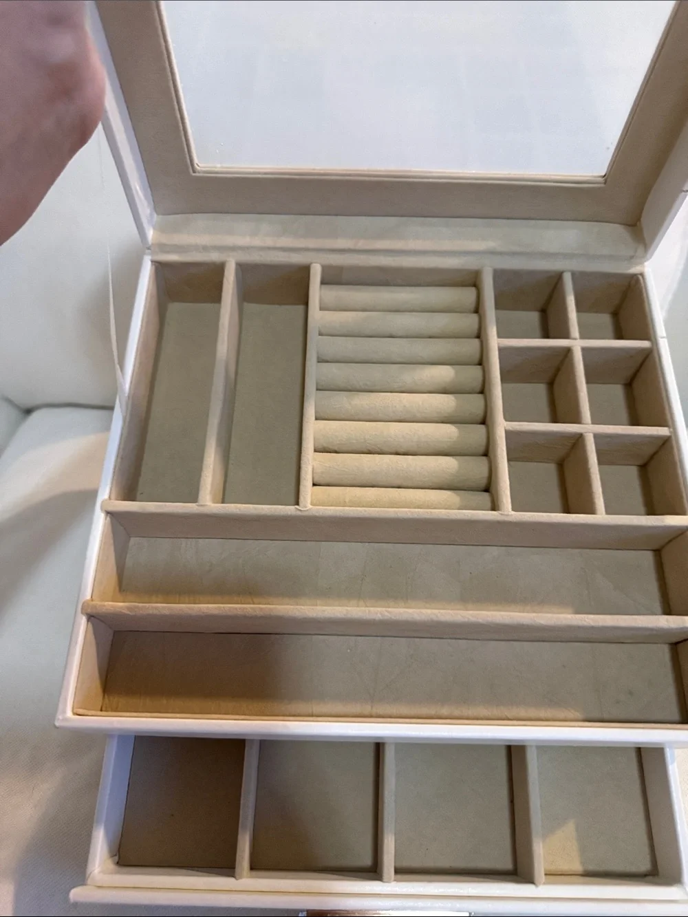 White Jewelry Organizer Box with Glass Top and Gold Accents
